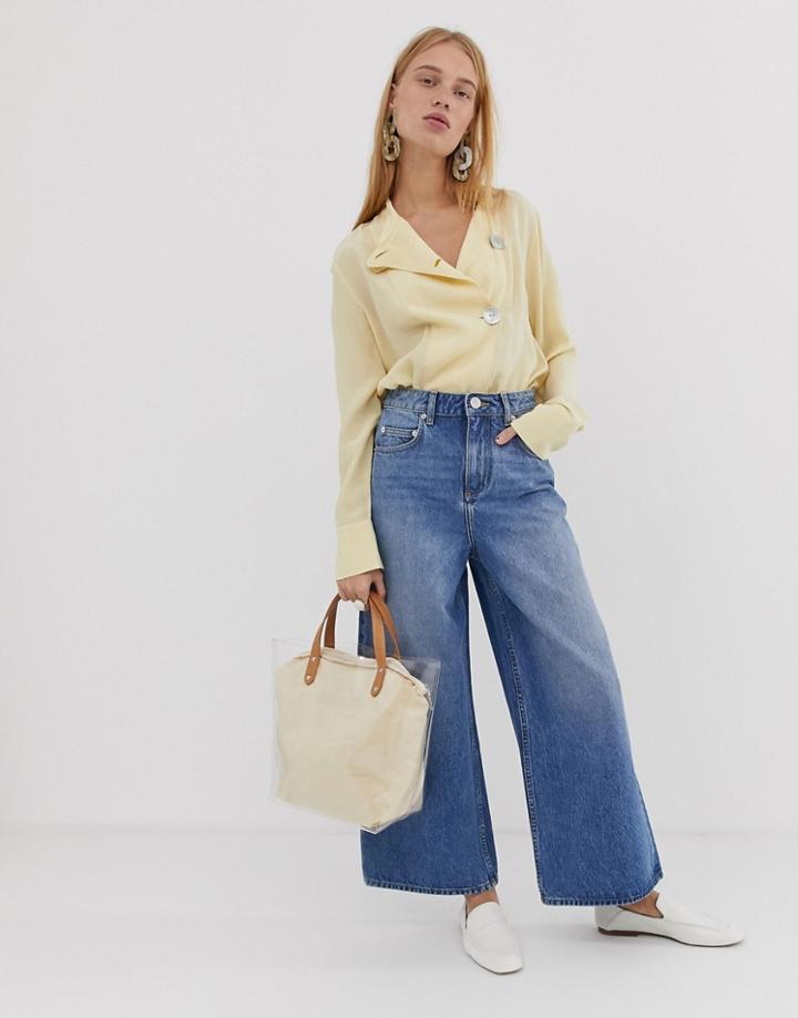 Asos Design Premium Wide Leg Jeans In Mid Wash Blue