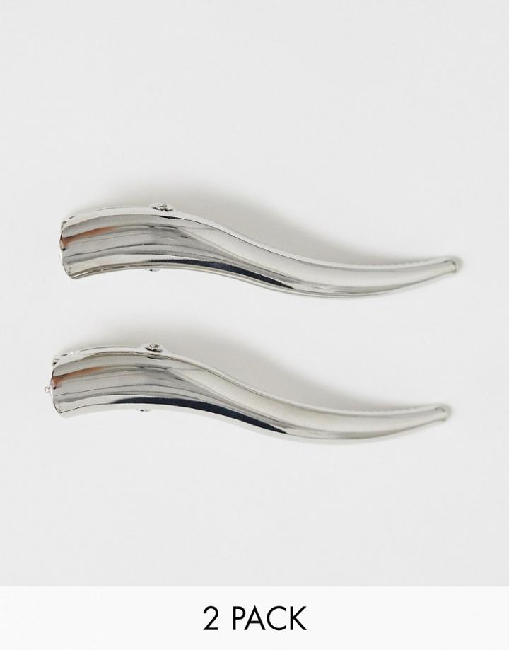 Asos Design Pack Of 2 Beak Hair Clips In Silver Tone - Silver