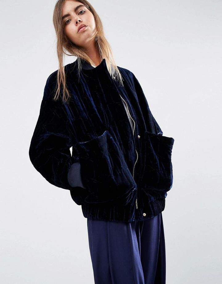 Asos White Quilted Velvet Bomber Jacket - Navy