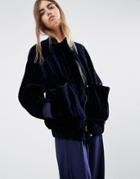 Asos White Quilted Velvet Bomber Jacket - Navy
