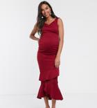True Violet Maternity Bardot Midaxi Dress With Frill Hem-red
