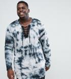 Asos Plus Longline Long Sleeve T-shirt With Lace Up Neck In Tie Dye - Gray