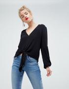 Asos Knot Front Top In Crinkle - Black