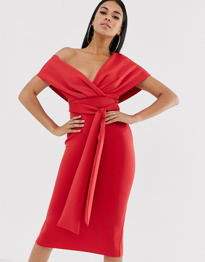 Asos Design Fallen Shoulder Midi Pencil Dress With Tie Detail-red