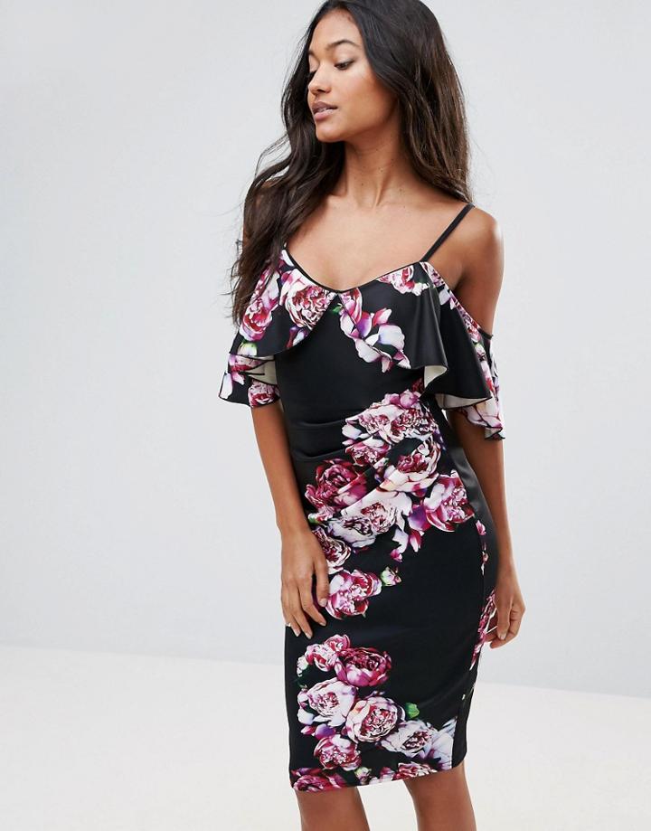 Jessica Wright Frill Bardot Pencil Dress In Floral Print - Multi