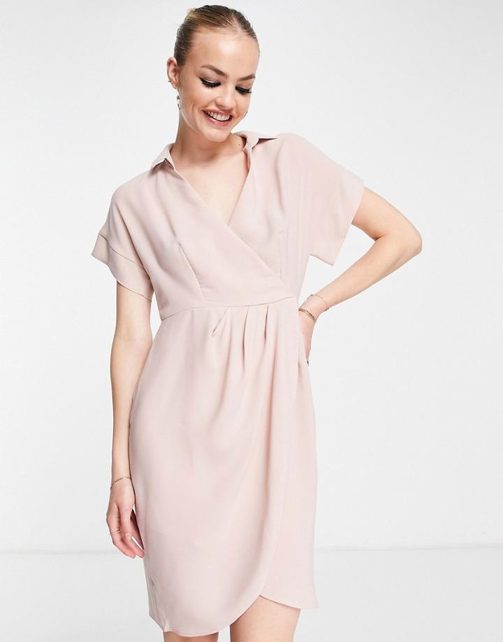 Closet London Wrap Mini Shirt Dress In Blush-white