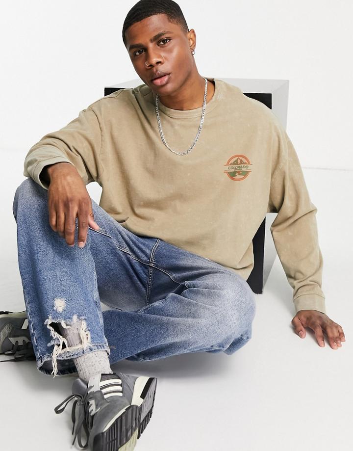 Asos Design Oversized Long Sleeve T-shirt In Beige Acid Wash With Chest Print-neutral