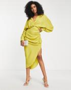 Asos Edition Textured Drape Midi Shirt Dress With Tie Detail In Chartreuse-pink