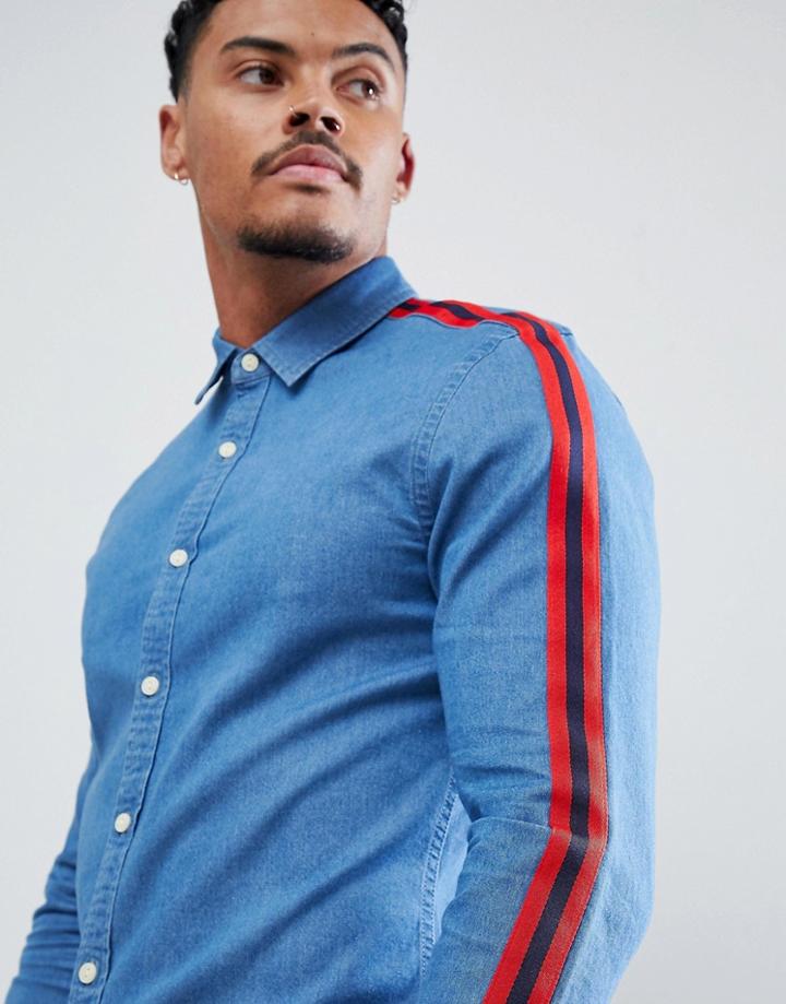 Asos Design Skinny Fit Denim Shirt With Red Tape Detail - Blue