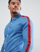 Asos Design Skinny Fit Denim Shirt With Red Tape Detail - Blue