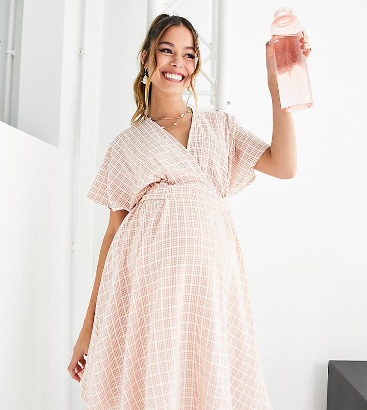 Flounce London Maternity Kimono Sleeve Mini Dress In Orange Plaid