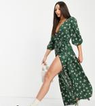 Asos Design Tall Wrap Front Midi Dress In Green Floral And Spot Print-multi
