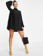 Asos Design High Neck Pleated Trapeze Mini Dress In Black