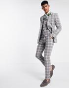 Asos Design Skinny Wool Mix Suit Pants In Gray Tartan Check-grey