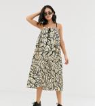 Another Reason Volume Midi Dress With Drawstring Detail In Abstract Print - Beige