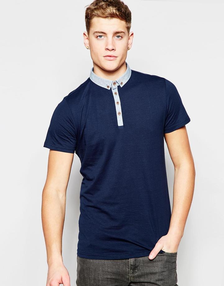 Brave Soul Contrast Collar Polo Shirt - Navy