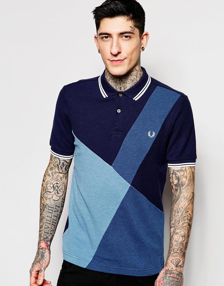 Fred Perry Polo Shirt With Color Block Panel Slim Fit - Blue Marl
