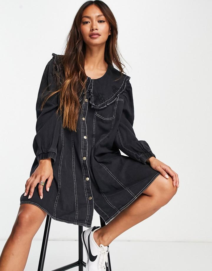 River Island Long Sleeve Collared Denim Mini Dress In Black