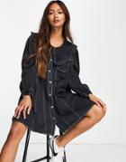 River Island Long Sleeve Collared Denim Mini Dress In Black