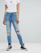 Daisy Street Mom Jeans With Distressing And Paint Splash - Blue