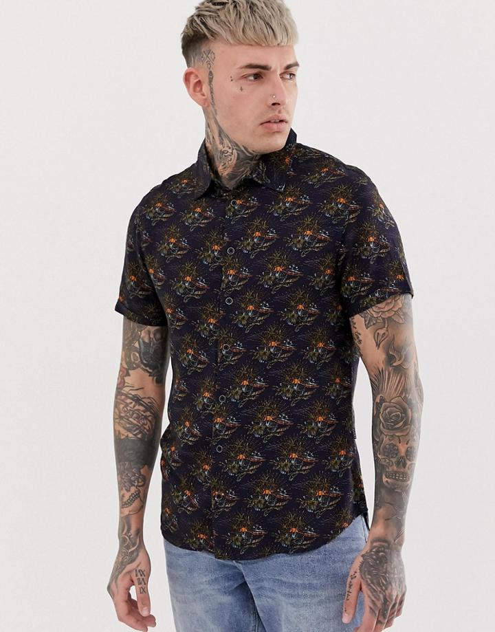 Blend Short Sleeved Shirt With Sunrise Print In Navy-blue