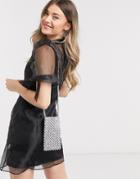 Asos Design Organza Mini Tea Dress With Puff Sleeves In Black