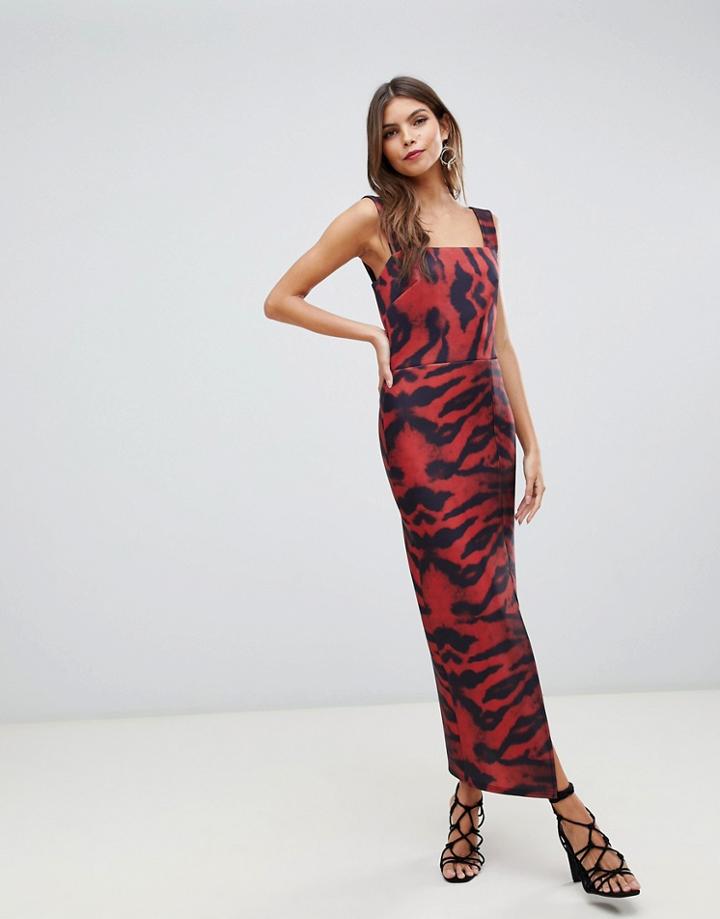 True Violet Square Neck Midaxi Bodycon Dress In Tiger Print-multi
