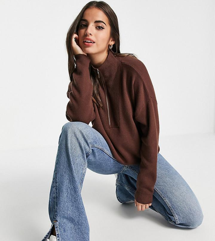 Stradivarius Half Zip Sweater In Chocolate-brown