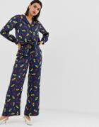 Neon Rose Wide Leg Pants In Avocado Print Satin Two-piece - Navy