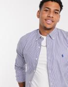 Polo Ralph Lauren Player Logo Stripe Poplin Shirt Slim Fit Buttondown In Navy/white