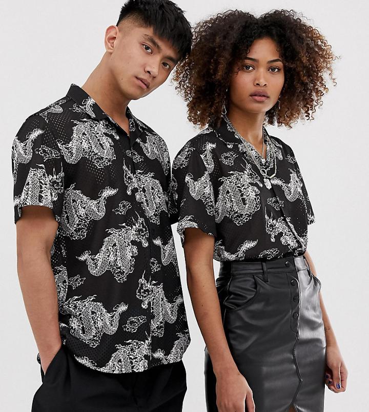 Collusion Unisex Airtex Shirt With Dragon Print - Black