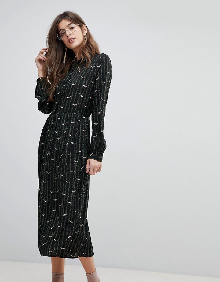Liquorish Bird Print Pleated Shirt Midi Dress - Multi