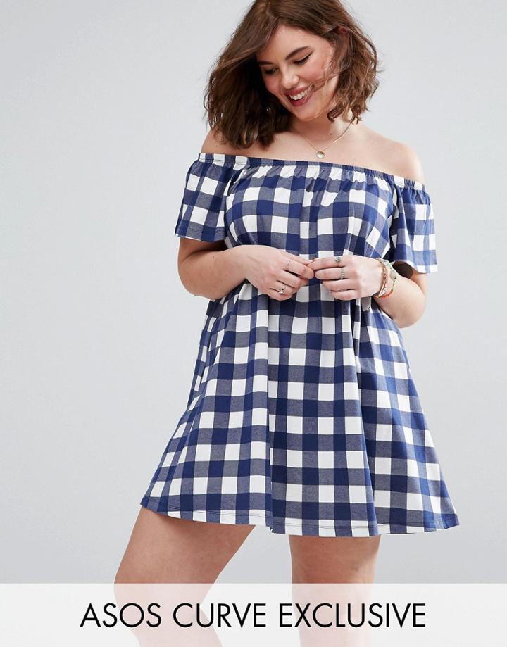 Asos Curve Off Shoulder Mini Dress In Gingham Check Print - Multi