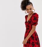 Collusion Ruched Skater Dress In Floral Mesh - Red
