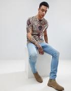 Asos Design Longline T-shirt With All Over Tapestry Print In Velour - Multi