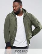 Asos Plus Hooded Bomber Jacket With Ma1 Pocket In Khaki - Green