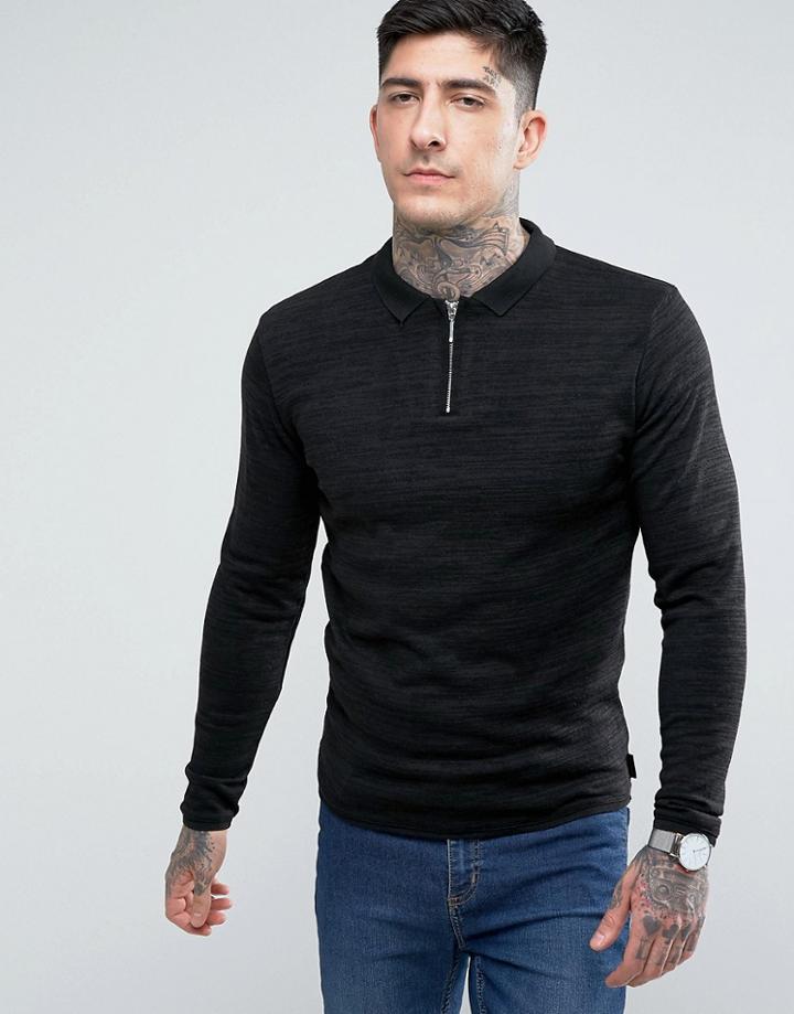 Bellfield Zip Neck Polo Sweater - Black
