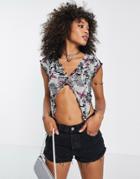 Asos Design Slinky Mesh Top With Pointed Lettuce Hem In Butterfly And Newspaper Graphic Print-green
