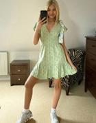 Asos Design Broderie V Neck Button Through Mini Dress With Pep Hem In Sage Green