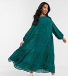 Asos Design Petite Oversized Maxi Smock Dress In Self Check With Pintucks In Forest Green