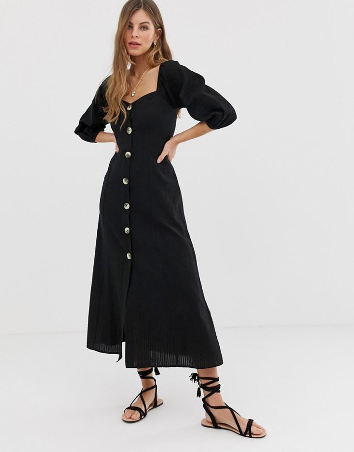 Asos Design Puff Sleeve Button Through Maxi Dress In Seersucker - Black