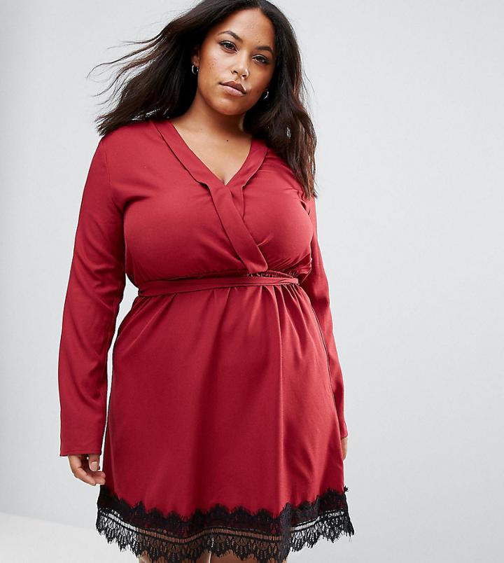 Rage Plus Wrap Dress With Lace Trim - Red