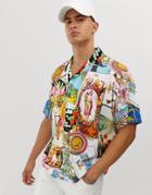 Asos Design Oversized Revere Polo With All Over Mixed Print - White