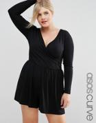 Asos Curve Wrap Front Romper With Long Sleeves - Black
