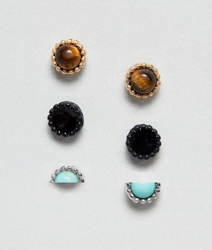 Sacred Hawk 3 Pack Earrings With Tigers Eye - Black