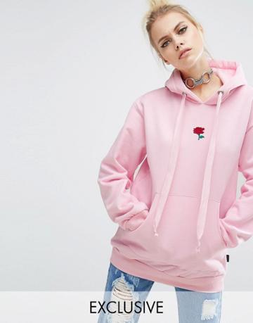 Adolescent Clothing Oversized Hoodie With Rose Embroidery - Pink