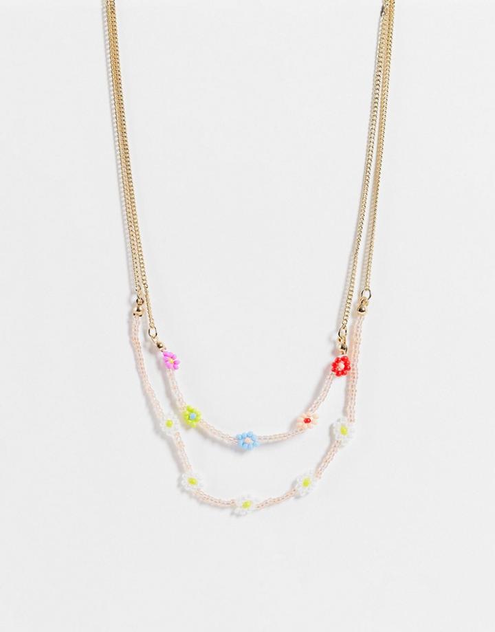 Monki Kit Flower Beaded Necklace In Multi-blues