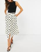 Asos Design Button Through Midi Skirt With Deep Pocket Detail In Cream & Black Dot Print-multi
