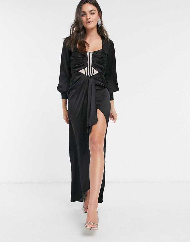 Asos Design Balloon Sleeve Midi Dress With Sheer Corset Detail And Drape Skirt-blue