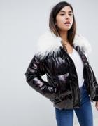 Asos Design Metallic Mongolian Faux Fur Padded Jacket - Brown